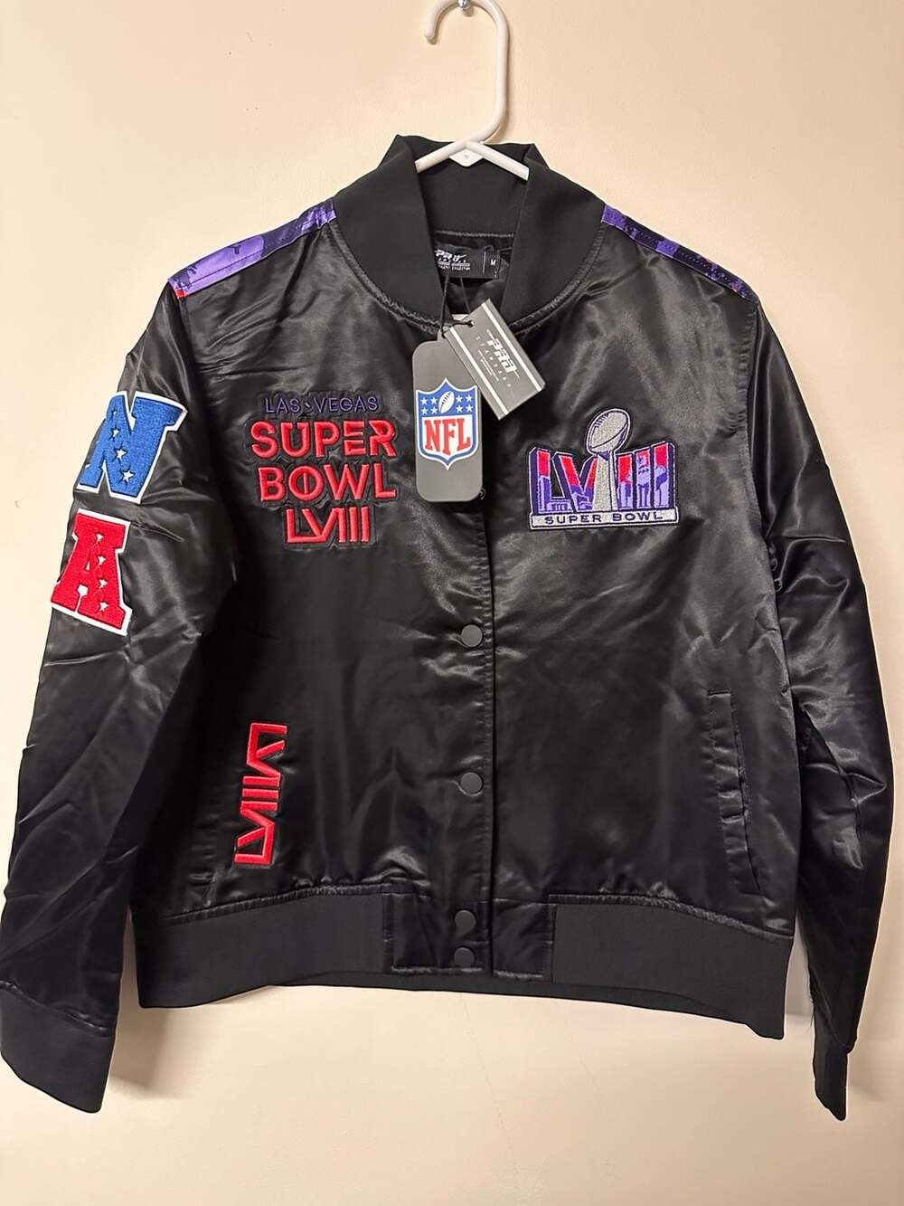 NFL Las Vegas Super Bowl LVIII Black Satin Bomber Jacket w/Heavy Embroidery